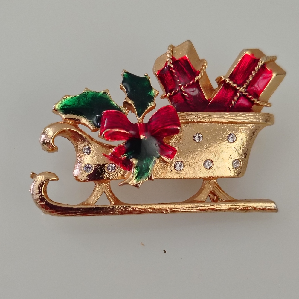 Festive Gold Sleigh Brooch with Gifts